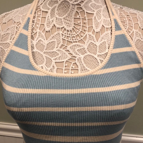 VINCE Cotton Racerback Tank Striped Ribbed Knit Sweater Baby Blue/Cream Stripes - Picture 2 of 8